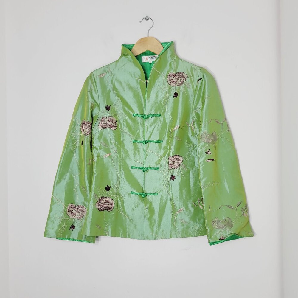 Laogudai Women's Green Floral Embroidered Long Sleeve Kimono Jacket Size Large